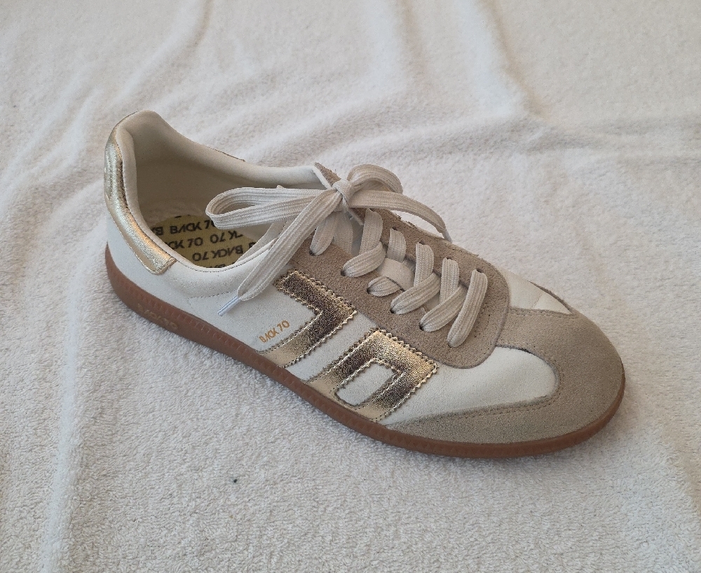 Back 70 Women's White & Taupe Lace-Up Sneakers with Metallic Gold Accent - Picture 7 of 8